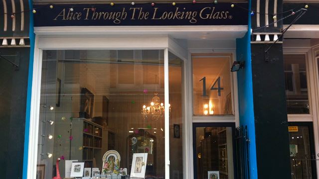 Browse themed gifts at Alice Through The Looking Glass. Image courtesy of Alice Through The Looking Glass. Exterior of Alice Through The Looking Glass in London.