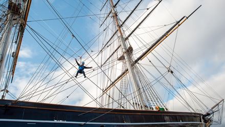 Experience panoramic views across London's skyline at the Cutty Sark Rig Climb Experience. Image courtesy of Royal Museums Greenwich. Photo credit: Nathan Turner. 
