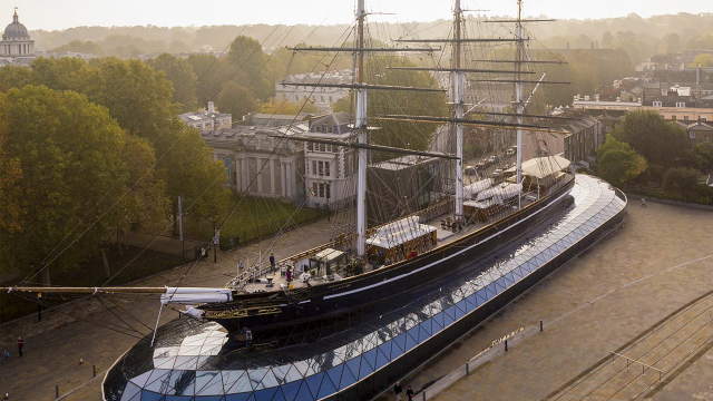 Visit the magnificent Cutty Sark ship in Greenwich. Image courtesy of Royal Museums Greenwich. View from above of the Cutty Sark ship in Greenwich.