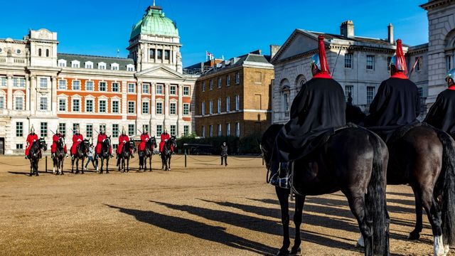 Horseguards at attention on horses at whitehall london.