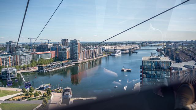 Aerial shot of the London Royal Docks taken from the IFS Cloud Cable Car.