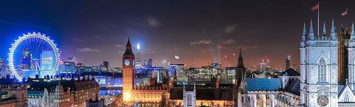 The London skyline at night with The London, Big Ben and Westminster Abbey illuminated