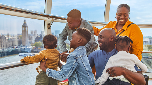 A family enjoy the amazing views from a pod as they ride The London Eye. 