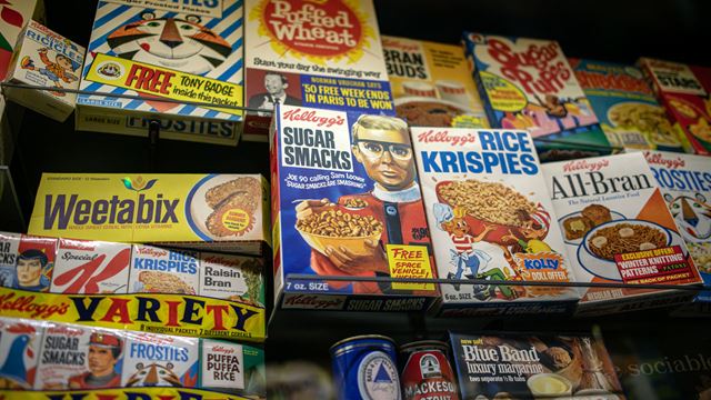 At the Museum of Brands, a few cereal boxes are exhibited, many dating back decades.