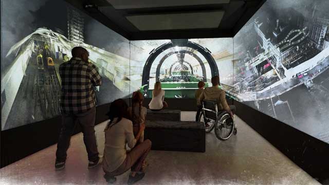 Concept design of The Postal Museum's immersive Mail Rail, featuring people in centre with immersive screens around them.