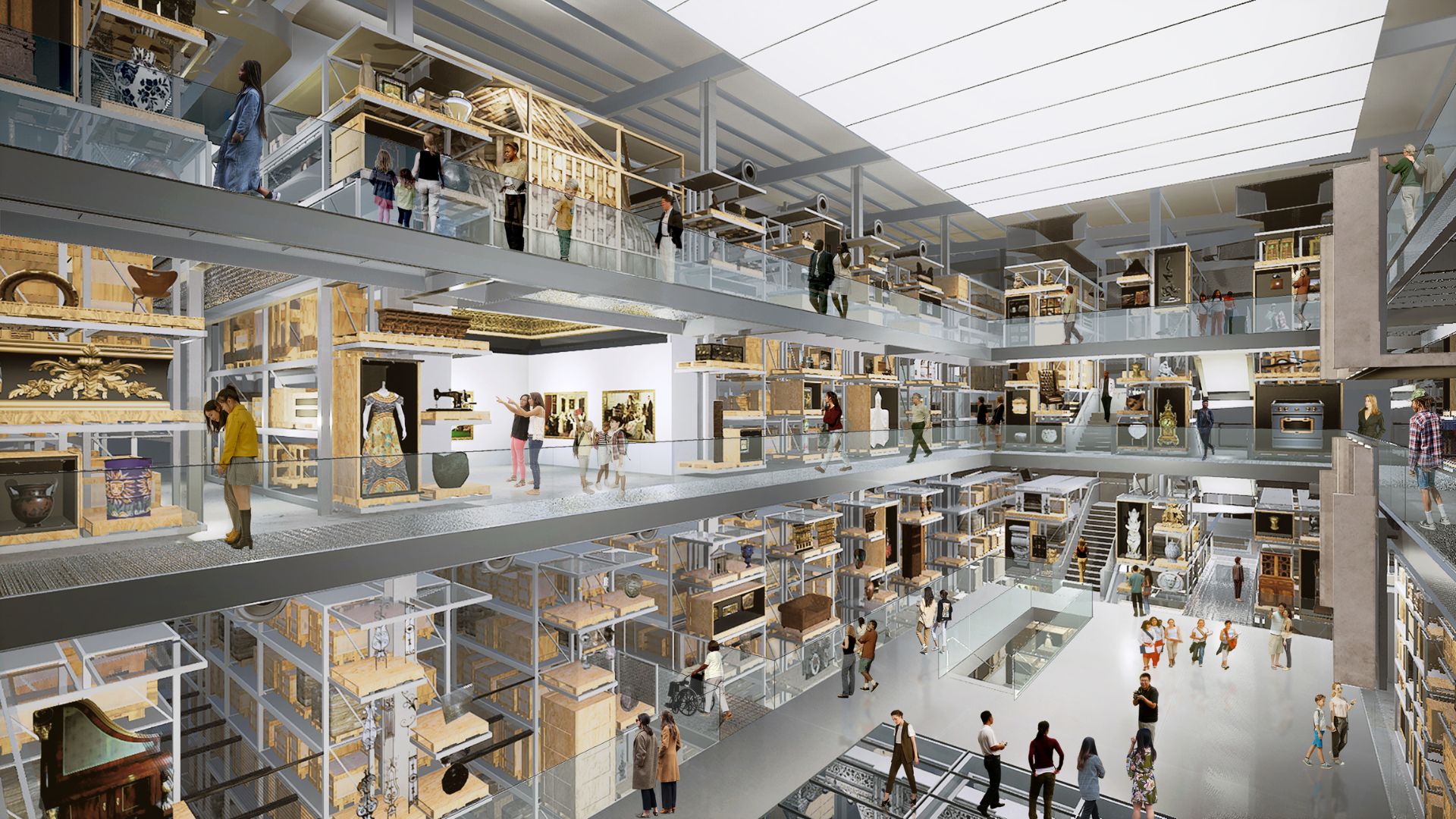 View across the Collections Hall at V&A East Storehouse. Image courtesy of V&A, Photo credit: Diller Scofidio + Renfro View across the Collections Hall at V&A East Storehouse with many shelves of artifacts,.