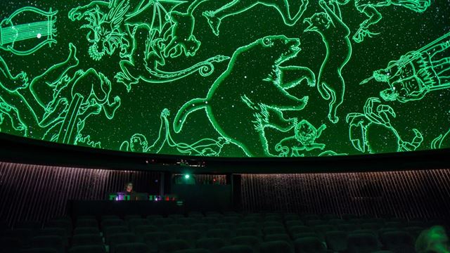 An audience sits in a dark planetarium looking up at a green display of constellation lights.