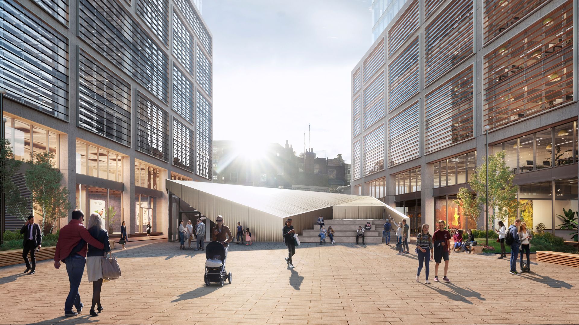 Rendering of the public realm at The Stage where the new Shakespeare Museum will be located. Image courtesy of Bombass and Parr. A rendering of people standing in front of the shakespeare museum in london.