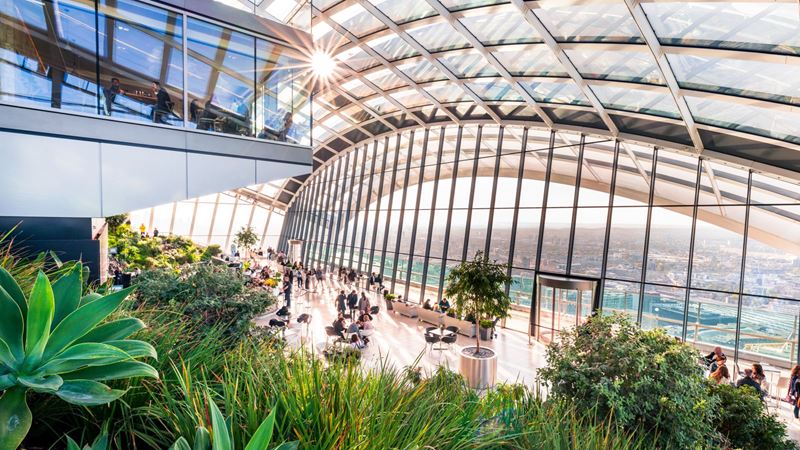 Step into a tropical paradise at London's Sky Garden. Credit: Antoine Buchet. Image courtesy of visitlondon.com. Looking out from behind foliage at the view from a large arching window at Sky Garden.