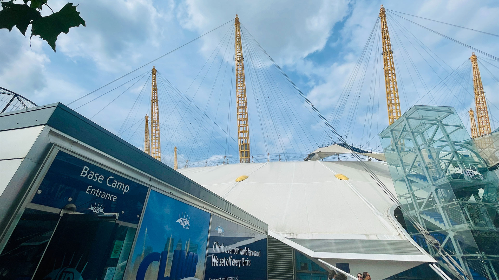 Up at the O2 Base Camp © Chantal Welch. Image courtesy of Chantal Welch. Looking up at the roof of The O2 Arena on a sunny day