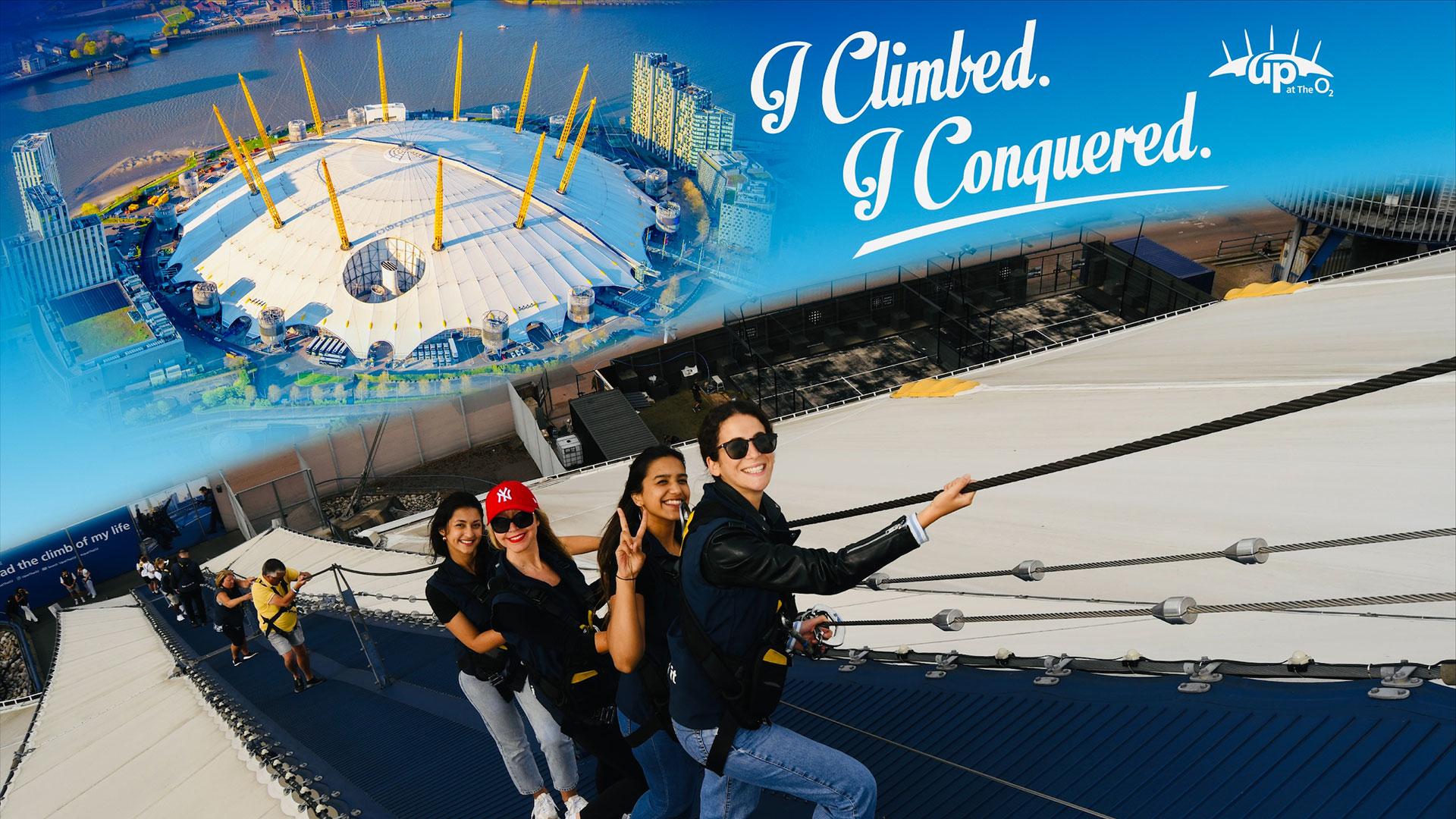 Enjoying a leisurely descent after conquering the summit of the O2 Arena. Image courtesy of Up at The O2. Four women descending down the roof of The O2 Arena