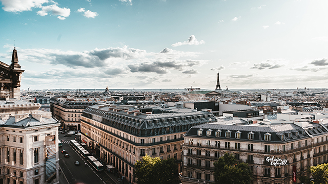 View on Paris rooftops and its Hausmanian buildings on a sunny day with the Eiffel Tower on the background.