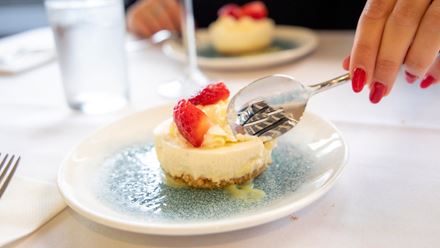 Satisfy your sweet tooth with a delightful dessert as part of the menu on the river Thames lunch cruise. Image courtesy of City Cruises