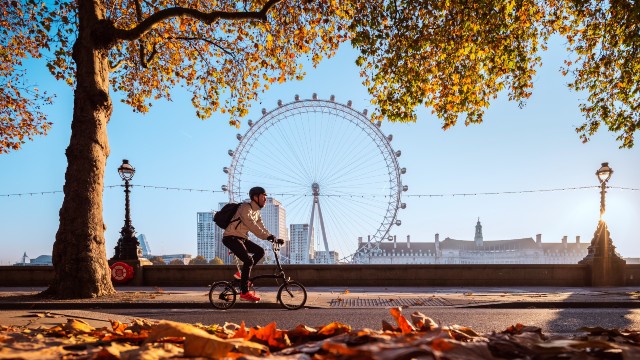 Man cycling along the river Thames on a clear autumn day with the London Eye in the background and autumn leaves in the foreground.