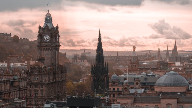 Edinburgh skyline at sundown.