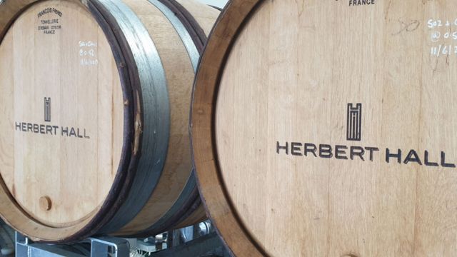 Discover how English wine is stored at a charming vineyard in the south. Image courtesy of Golden Tours Light brown barrels filled with herbert hall wine.