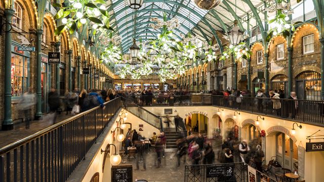 Interior of Covent Garden's marketplace at Christmas.