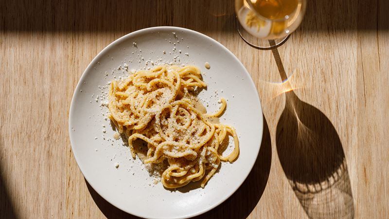 A classic tonnarelli cacio e pepe made from regenerative flour at Manteca in Shoreditch. Credit: Anton Rodriguez. Image courtesy of Manteca. A classic tonnarelli cacio e pepe made from regenerative flour.