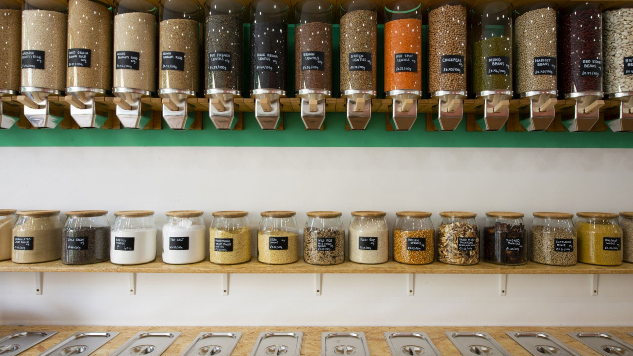 Browse the wide variety of produce available to fill up on at Jarr Market. Credit: Jarr Market. Image courtesy of Jarr Market. A wall of containers to refill from at Jarr Market including spices, pulses, beans, grains and more