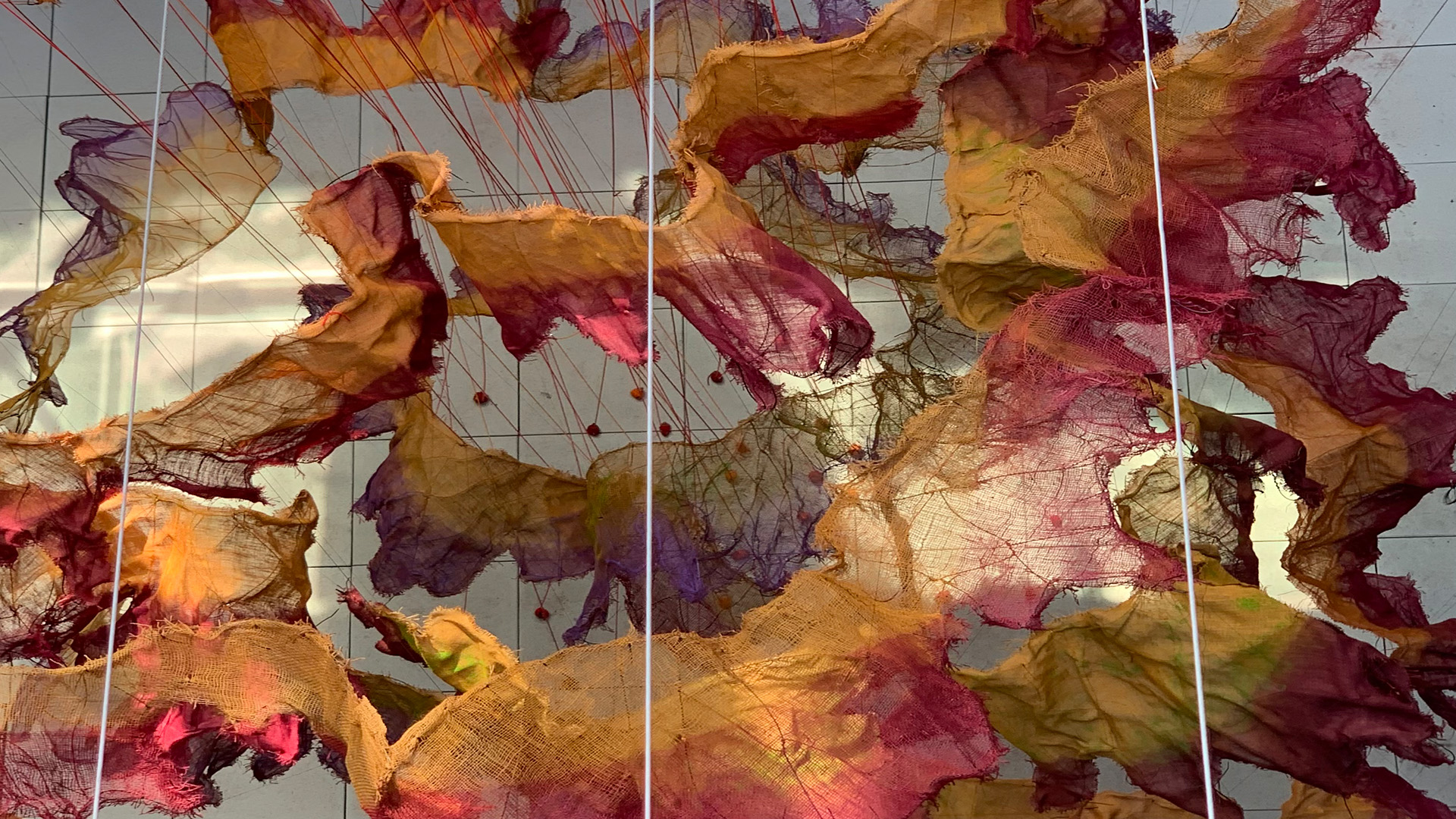 Spirit Dance by Nnenna Okore (2024) at Kew's Material World exhibition. Image courtesy of Kew Gardens. A textile artwork at Kew Gardens' Material World exhibition