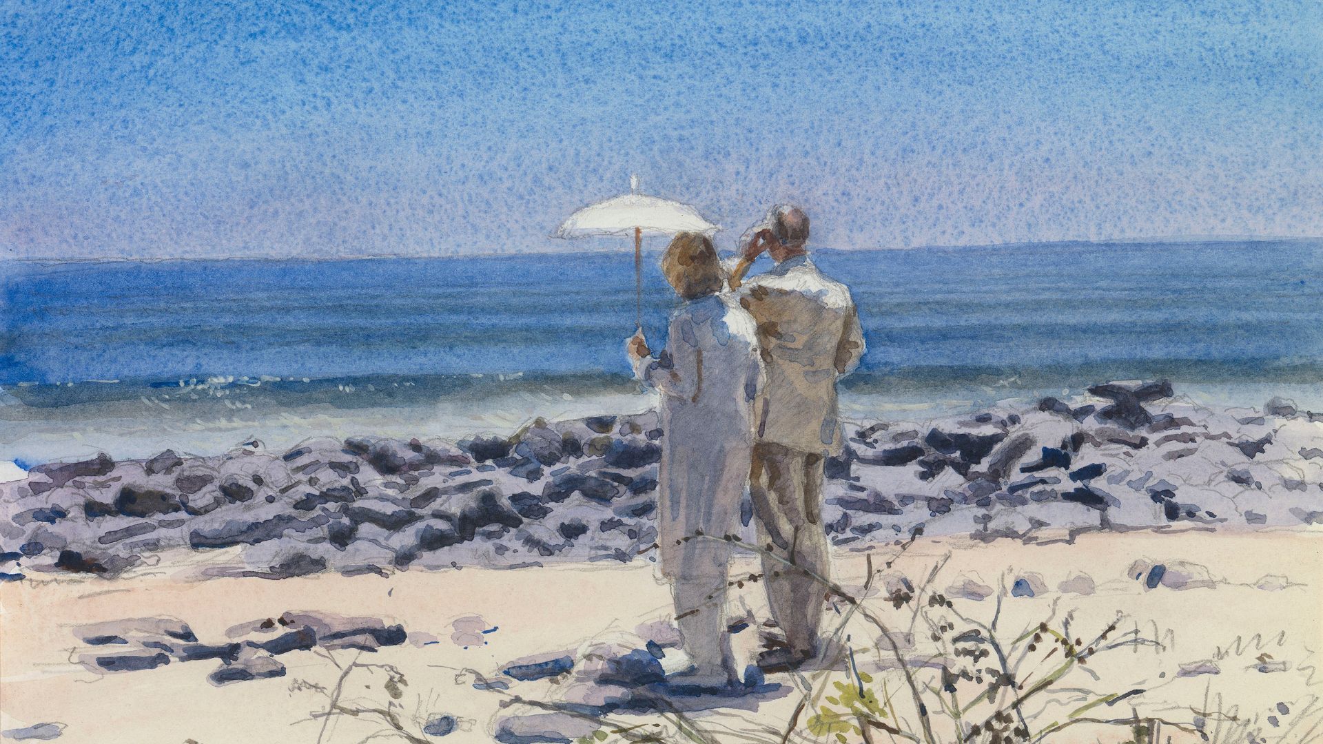 Their Royal Highnesses on North Seymour Island, 2009 at The King's Tour Artists at Buckingham Palace. Image courtesy of Richard Foster/Royal Collection Trust. Richard Foster, Their Royal Highnesses on North Seymour Island, 2009 at The King's Tour Artists at Buckingham Palace.