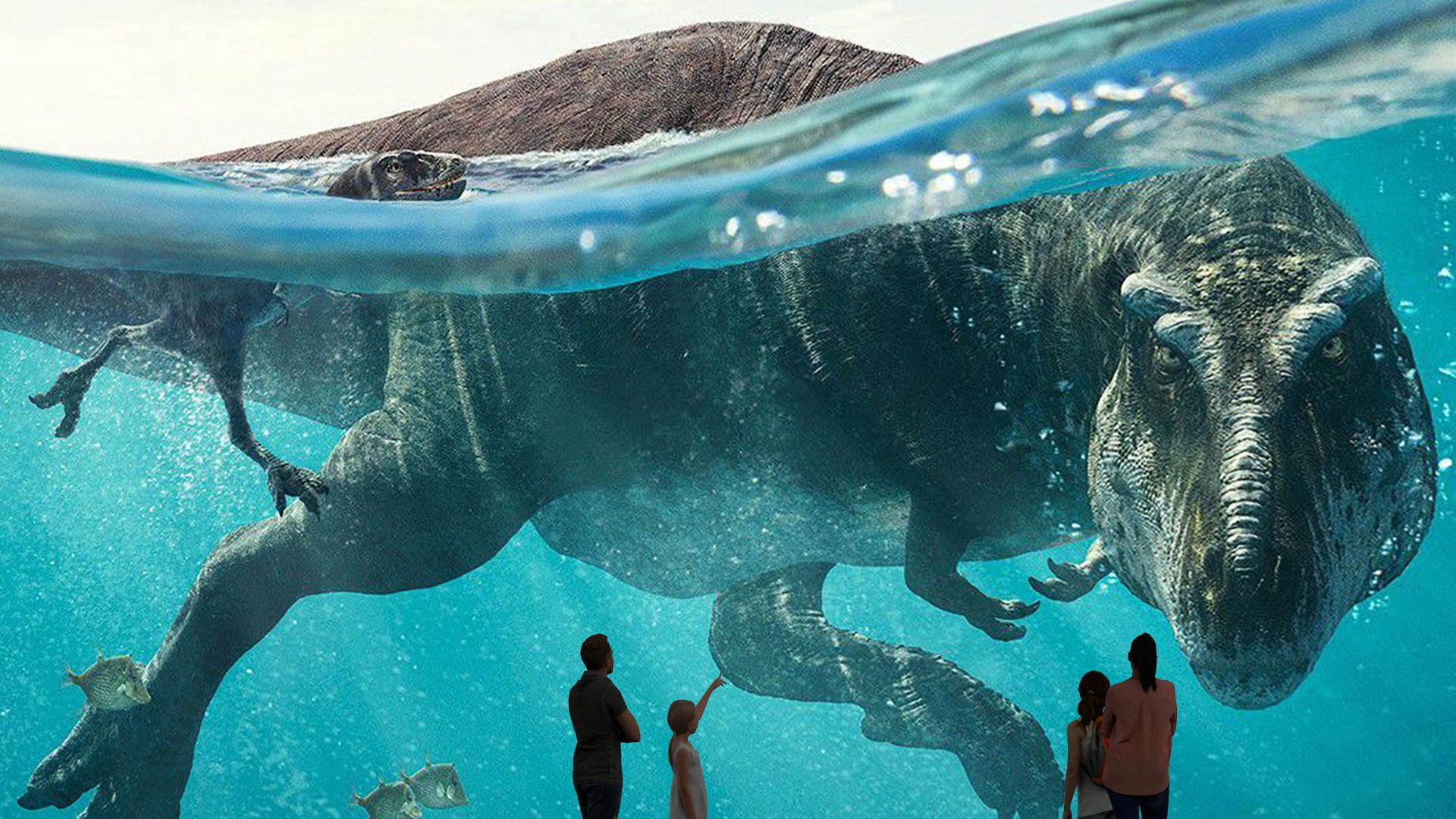 Encounter Jurassic giants at the Prehistoric Planet: Discovering Dinosaurs at Lightroom. Image courtesy of Borowski. A large projection of a swimming T-Rex at Prehistoric Planet: Discovering Dinosaurs at Lightroom