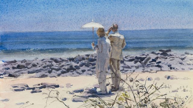 Painting of two royals walking along beach by Richard Foster.