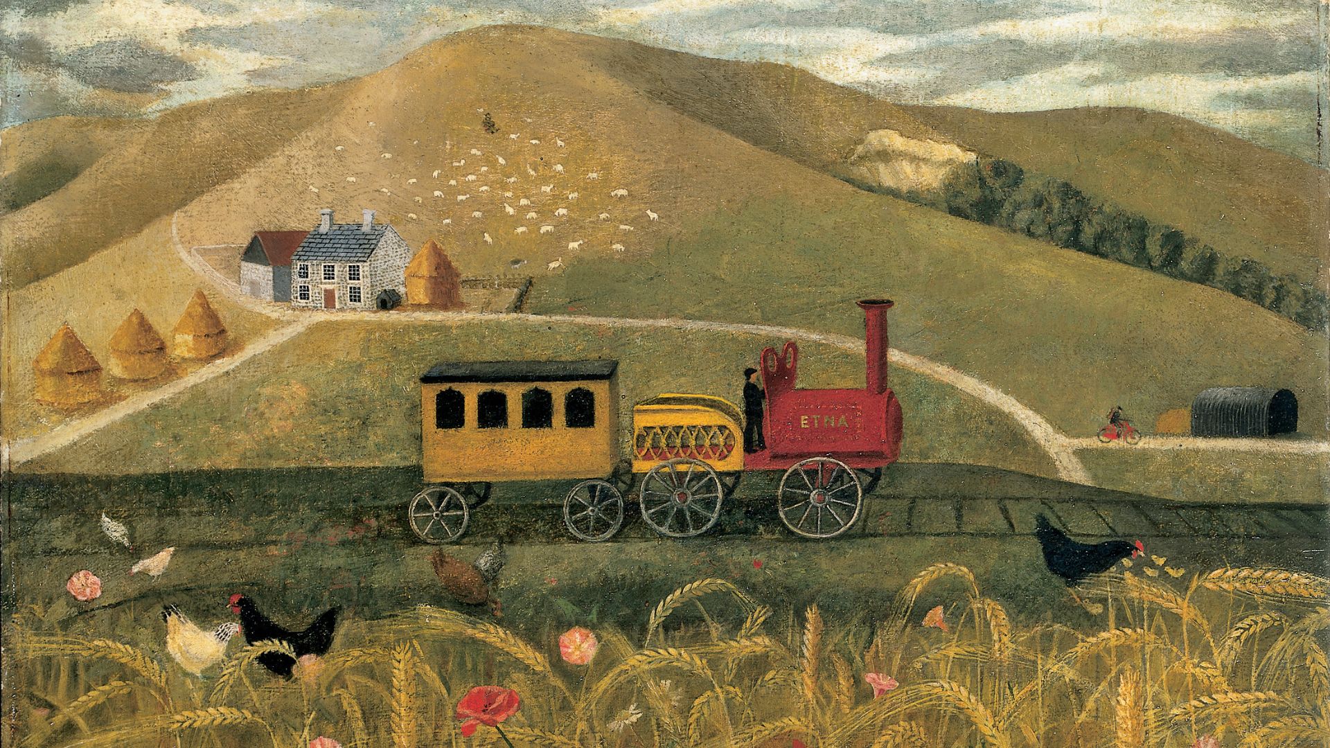 Tirzah Garwood, Etna, 1944, oil on board, 33 x 52.7cm, private collection. Image courtesy of Dulwich Picture Gallery. Tirzah Garwood, Etna, 1944, oil painting of a train in the hilly countryside.