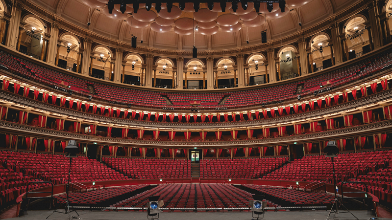 Find a schedule of live music events at the Royal Albert Hall. Credit: Royal Albert Hall. Image courtesy of Royal Albert Hall. A photo from the stage of the Royal Albert Hall seating area