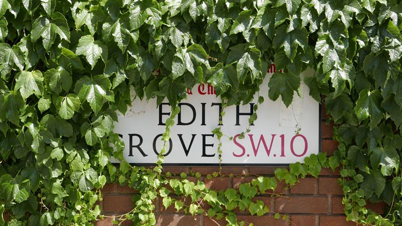 Visit Edith Grove in Chelsea, the location of the Rolling Stones' first London home. Credit: Shutterstock. Image courtesy of Shutterstock. Edith Grove street sign, Chelsea.