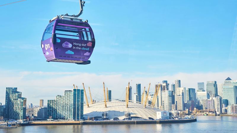A photo of the O2 Arena and Canary Wharf high-rise buildings with the river Thames in the foreground and an IFS Cloud cable car hanging overhead