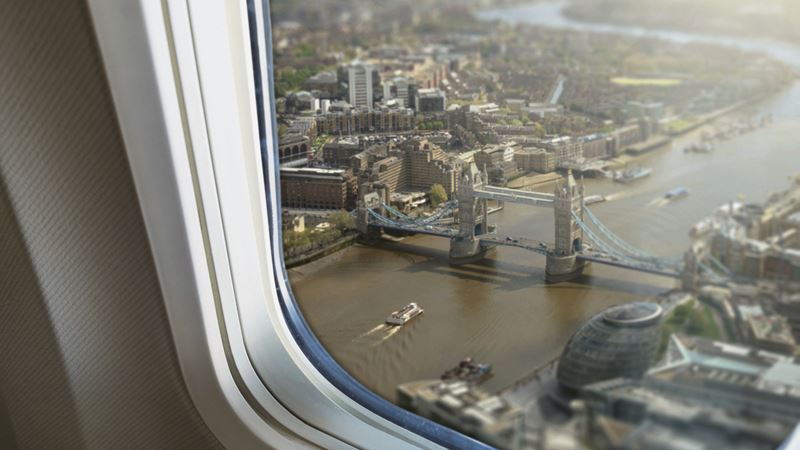 The view of Tower Bridge from a plane while flying into London. 