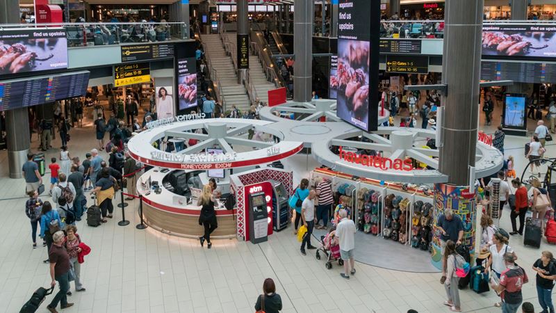 Browse the vast selection of shops, cafes and restaurants at the Gatwick departure hall. Credit: Shutterstock. Image courtesy of Shutterstock. A photo of Gatwick departure hall from above, filled with people walking around the different shops and restaurants