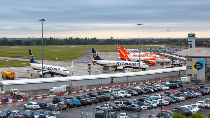Travel to Southend London Airport from destinations across the world. Credit: Shutterstock. Image courtesy of Shutterstock. A photo of different planes waiting at the airport runway for people to board at London Southend Airport with a car park full with cars in the foreground