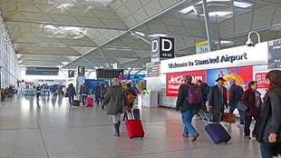 A group of passengers are walking with their suitcases in hands in Stansted arrival hall.