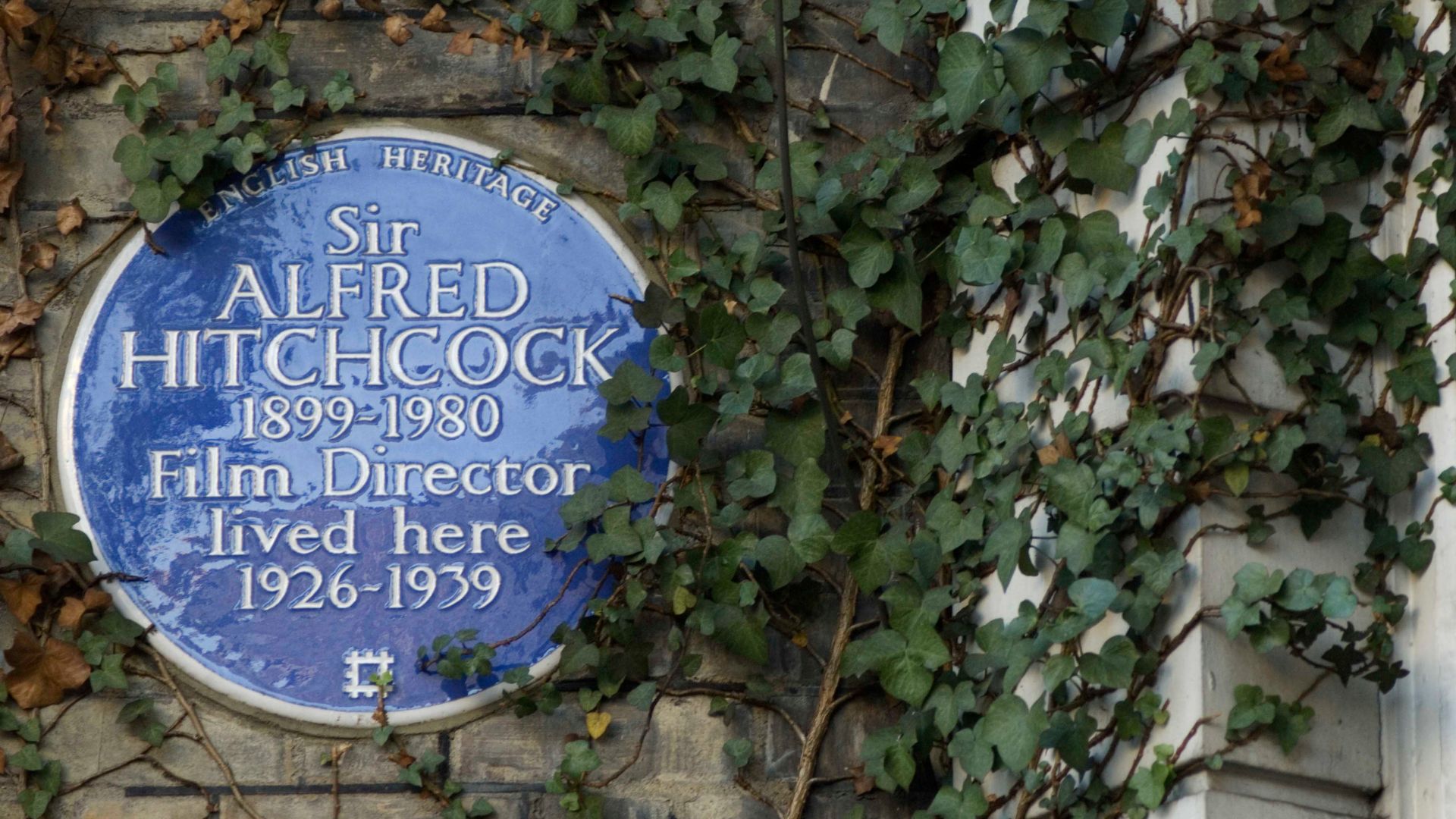 Alfred Hitchcock blue plaque. © English Heritage Alfred Hitchcock blue plaque on a brick wall with leaves.