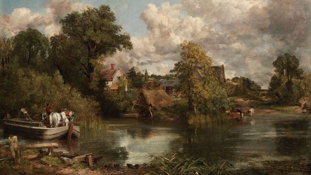 The White Horse by John Constable, painting of a lake with a white horse on a small boat travelling in from the left.