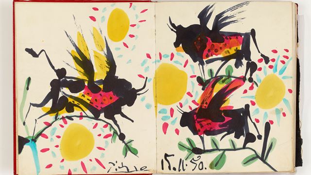 Picasso's Leaping bulls on white sketchbook.