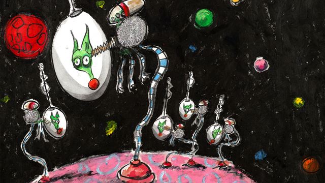 Tim Burton's Untitled (Dogs in space) featuring illustrations of colourful space characters.