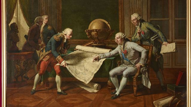 Louis XVI Giving his Instructions to La Pérouse featuring four people gathered looking at map.