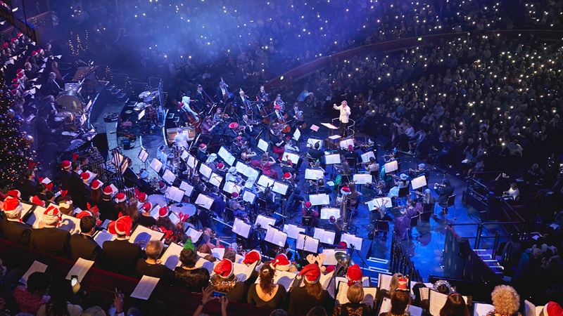 Carols at the Royal Albert Hall. Credit: Royal Albert Hall. Image courtesy of Royal Albert Hall. Aerial view of the carols at the Royal Albert Hall.