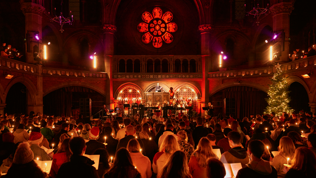 Crowds of people stand on across two levels at Union Chapel as a round red stained glass window illuminates the whole room with performers and musicians stood on the stage