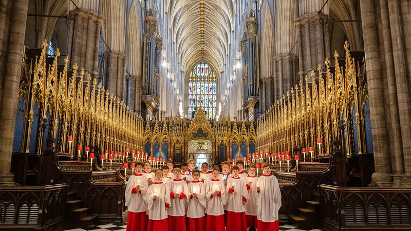 Christmas at Westminster Abbey choir. Credit: Dean and Chapter of Westminster. Image courtesy of Westminster Abbey. Westminster Abbey choir.