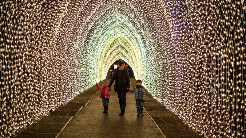 A woman holds hands with two little boys as they walk under a canopy of twinkling lights at Christmas at Kew
