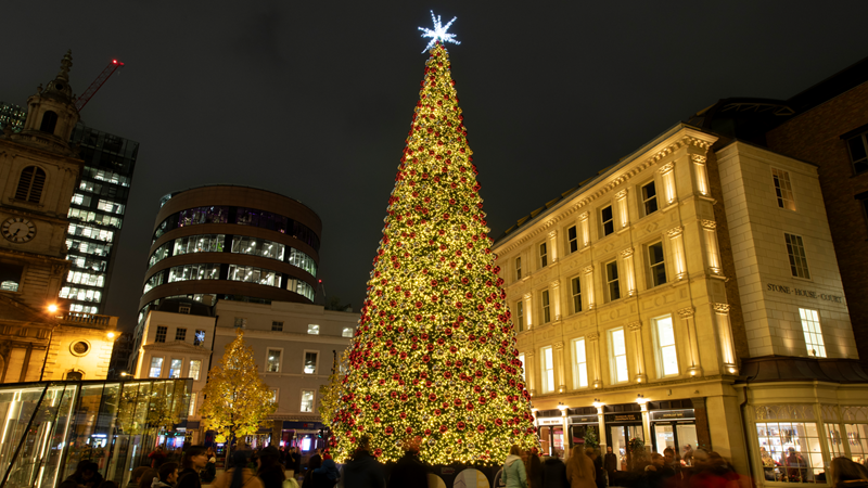 Look up at the tallest tree in London as it twinkles in the night sky. Credit: Pan Pacific London. Image courtesy of Pan Pacific London. A photo of London's tallest Christmas tree surrounded by high-rise buildings at night twinkling with warm lights and red and gold baubles with a large LED star at the top, with lots of people walking around it