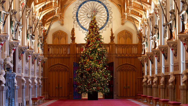 See the stately Windsor Castle dressed up for the festive period with Christmas trees and decorations dotted around the State Apartments. Credit: Royal Collection Enterprises Limited 2024 | Royal Collection Trust. Image courtesy of the Royal Collection Trust. A large traditional Christmas tree with gold and red baubles stands in the centre of one of Windsor Castle's very grand rooms with red carpets, wooden features and armour hanging on the walls