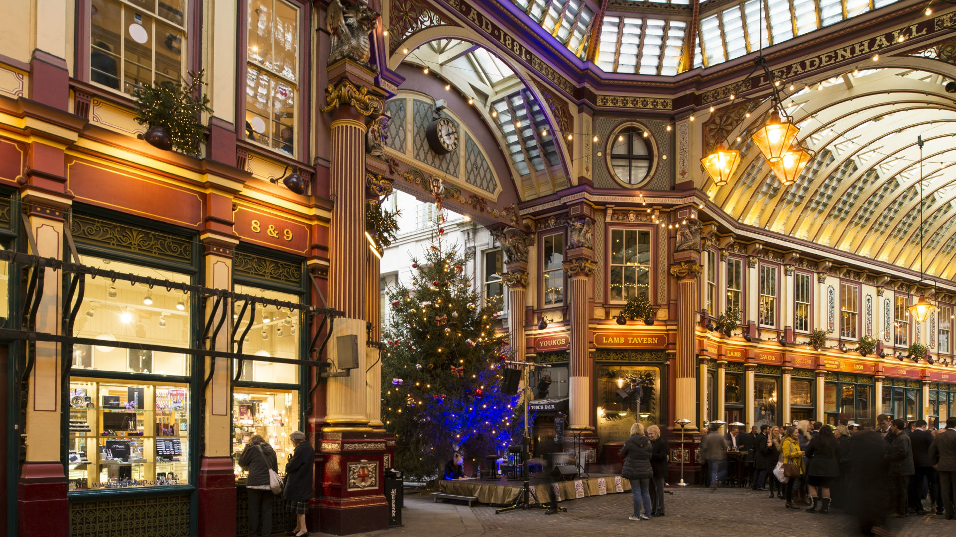 Leadenhall Market during the festive season. © London & Partners/ Ben Pipe. A photo of the ominously lit Leadenhall Market decorated for the festive season.