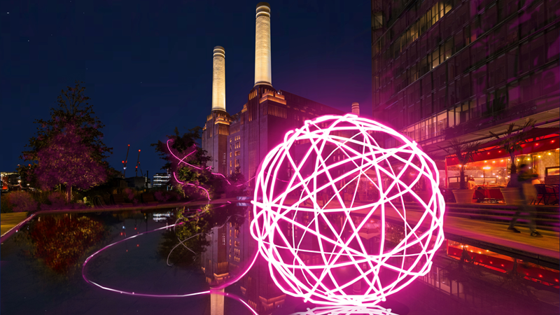 See the area in and around Battersea Power Station come to life with illuminations this winter. Credit: Battersea Power Station. Image courtesy of Battersea Power Station. A giant pink neon light sculpture in the shape of a ball of yarn at night time with Battersea Power Station in the background with its light up chimneys
