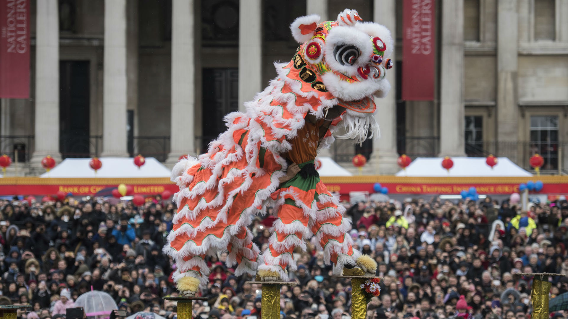 A lion dance takes place among the crowds during Chinese New Year in Trafalgar Square 2017. © Greater London Authority A lion dance takes place among the crowds during Chinese New Year in Trafalgar Square 2017. © Greater London Authority