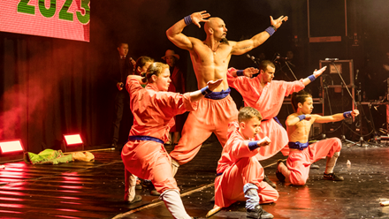 Kung fu fighters on stage during London's Chinese New Year celebrations. Credit: Jon Mo. Image courtesy of LCCA.
